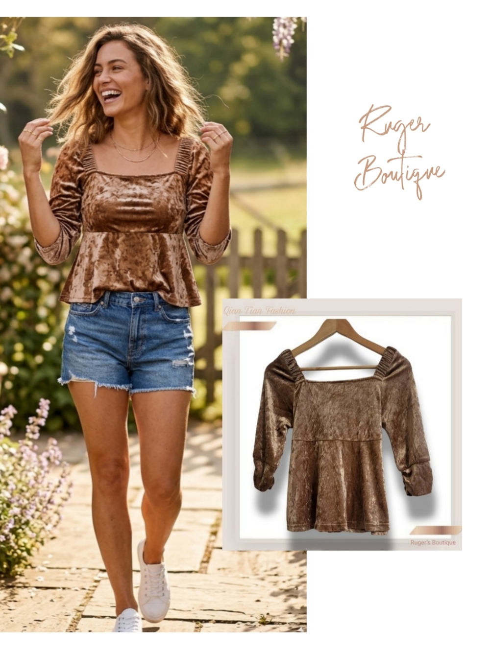 🌿Qian Tian Velvet Gold/Tan Tie Back Top est XS/SM Women's -Cute!